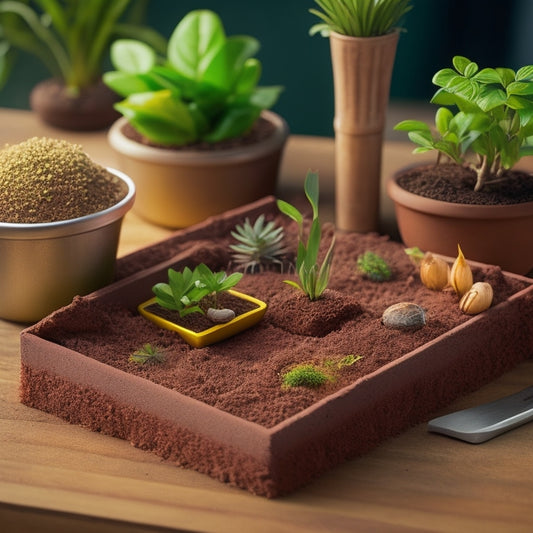 An illustration of a block planter with a cross-section revealing different layers of soil, each with varying density levels, alongside a miniature gardening tool and a small potted plant.