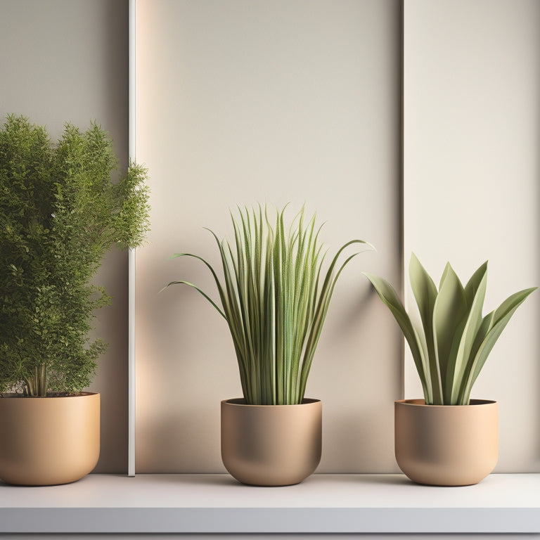 An illustration of three identical potted plants spaced at different intervals on a modern, minimalist shelf, with a subtle background gradient transitioning from green to beige.