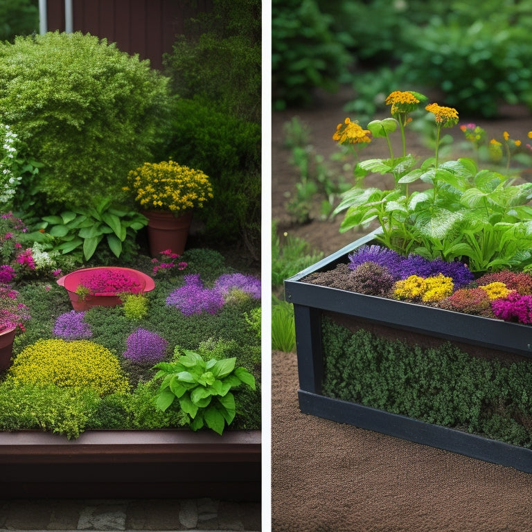 A split-screen image featuring a thriving planter garden box on the left, with lush greenery and vibrant flowers, alongside a selection of various soil types on the right, including peat moss, compost, and perlite.