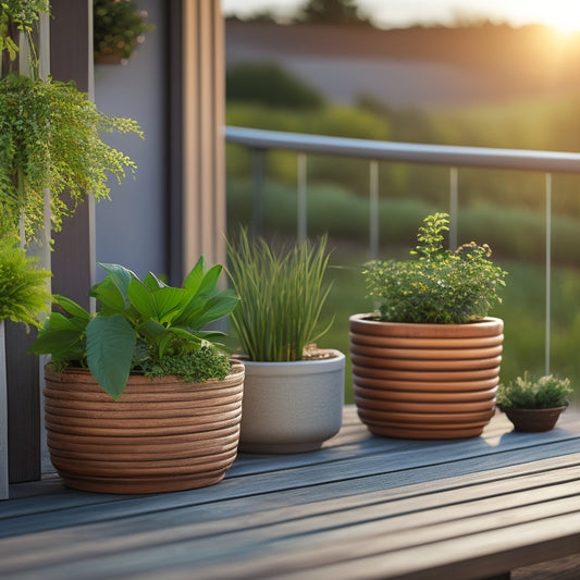 A serene deck scene featuring three planters of varying sizes and materials, each with lush greenery, surrounded by wooden decking, with a subtle gradient of morning sunlight.