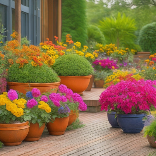 A vibrant and inviting outdoor space featuring a mix of colorful planters, overflowing with lush greenery and bright flowers, placed on a rustic wooden patio surrounded by a lush garden backdrop.
