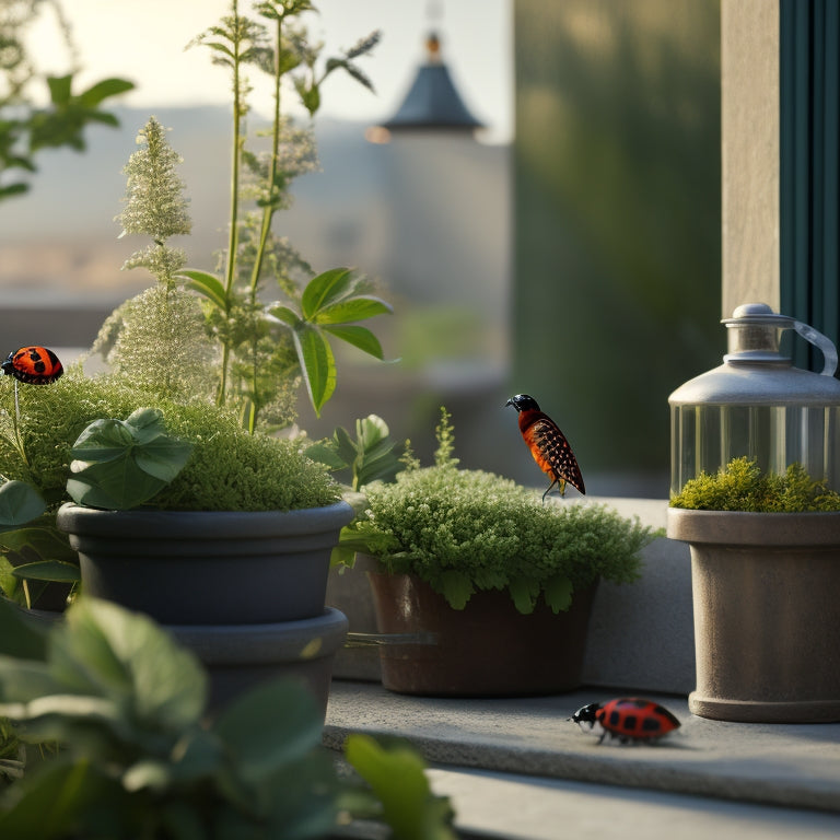 A serene rooftop garden scene with lush greenery, a few ladybugs and lacewings hovering around flowers, and a small bird perched on a planter, surrounded by copper tape and neem oil bottles.