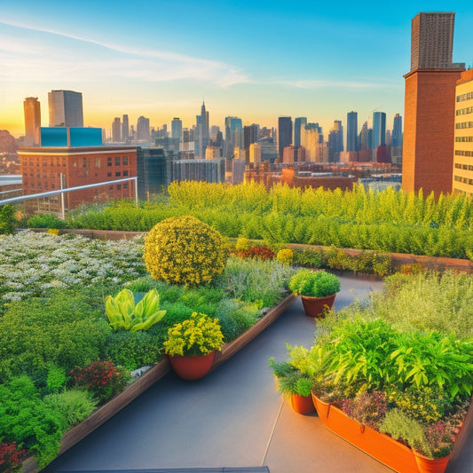 A rooftop garden with a thriving mix of greenery, flowers, and herbs, showcasing three different irrigation systems: drip irrigation, sprinkler system, and soaker hose, amidst a modern cityscape background.
