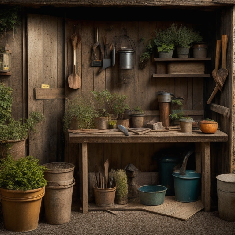 A cluttered, rustic garden shed backdrop with a wooden workbench in the center, surrounded by assorted second-hand planter tools, with eBay boxes and packing materials scattered around.