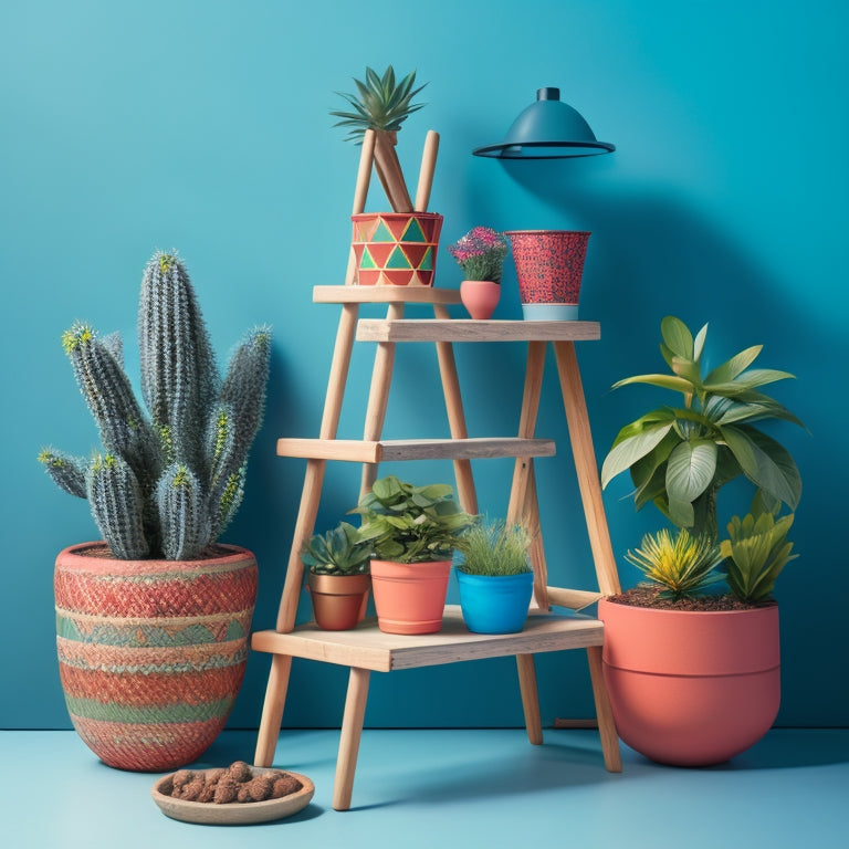 A whimsical illustration featuring a mix of unique planters, including a repurposed wooden ladder, a macramé hanger, a colorful mosaic pot, and a geometric concrete planter, set against a lush green background.