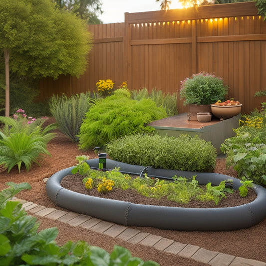 A serene backyard scene featuring a raised bed planter with lush green plants, surrounded by a winding soaker hose, a discreet irrigation controller, and a few strategically placed drippers.