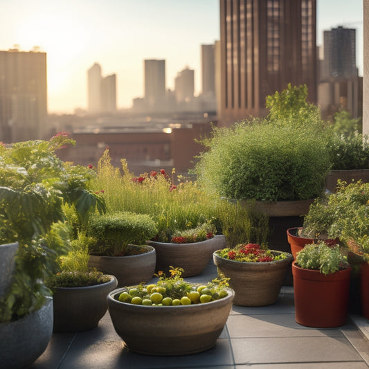 A lush rooftop garden with vibrant, leafy greens and cherry tomatoes thriving in wooden planters, surrounded by a cityscape, with a subtle earthy tone and natural light casting a warm glow.