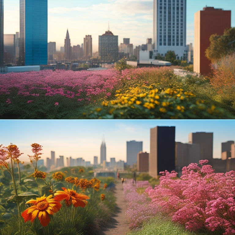 A split-screen image: a barren, sun-scorched cityscape on one side, with grey buildings and cracked pavement, versus a lush, verdant rooftop garden on the other, with vibrant greenery and blooming wildflowers.