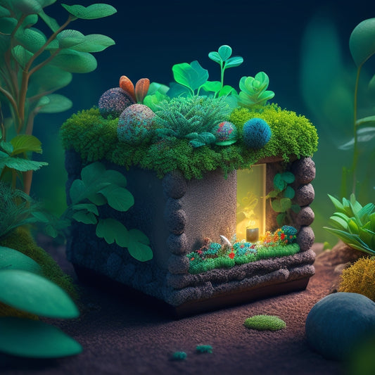 A whimsical illustration of a cinder block planter, teeming with lush greenery, surrounded by tiny, glowing microbes and fungi, with roots and tendrils weaving through the block's crevices.