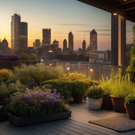 A serene rooftop garden scene at dusk, with vibrant flowers and lush greenery spilling from varied containers, amidst a backdrop of city skyscrapers, twinkling string lights, and a warm golden glow.