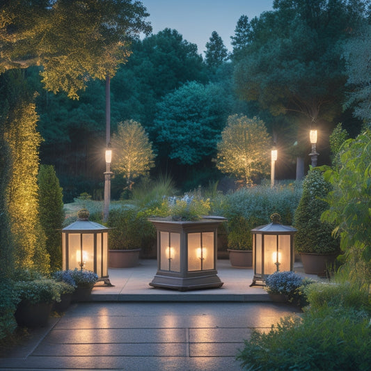 A serene outdoor setting at dusk, with three large, ornate planters aglow with soft, warm LED lights, surrounded by lush greenery and majestic trees, casting a magical ambiance.