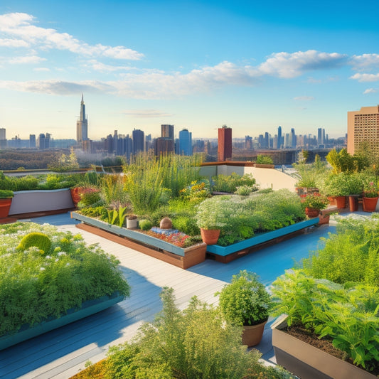 A serene rooftop garden scene with lush greenery, vibrant flowers, and a variety of hydroponic systems including NFT, DWC, and Ebb and Flow, set against a bright blue sky with a few puffy white clouds.