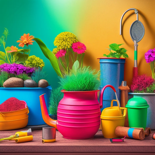 A colorful illustration of a thriving planter surrounded by various irrigation tools, including a watering can, hoses, drippers, sprinklers, and a moisture meter, set against a natural stone or wooden background.