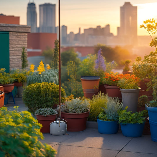 A serene rooftop garden scene at dawn, with lush greenery and vibrant flowers, featuring a drip irrigation system, soaker hose, and watering can, set against a soft blue-gray cityscape backdrop.