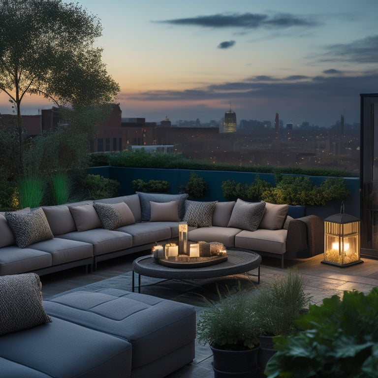 A serene rooftop seating area at dusk, with plush outdoor sofas in a U-shape, surrounded by potted greenery, twinkling string lights, and a cityscape in the background.