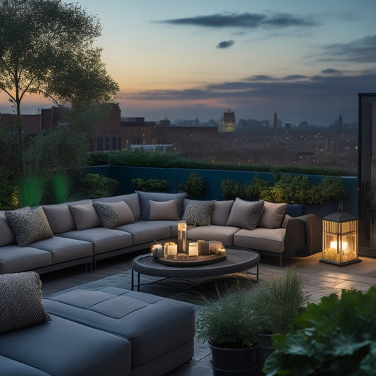 A serene rooftop seating area at dusk, with plush outdoor sofas in a U-shape, surrounded by potted greenery, twinkling string lights, and a cityscape in the background.