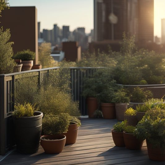 A serene rooftop scene with a compact, thriving garden in wooden containers of varying sizes, surrounded by a cityscape, with lush greenery spilling over the railing.