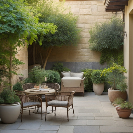 An inviting small courtyard with cream-colored stone walls, overflowing with lush greenery from wooden planters and trellises, surrounded by natural stone pavers and a few modern outdoor furniture pieces.