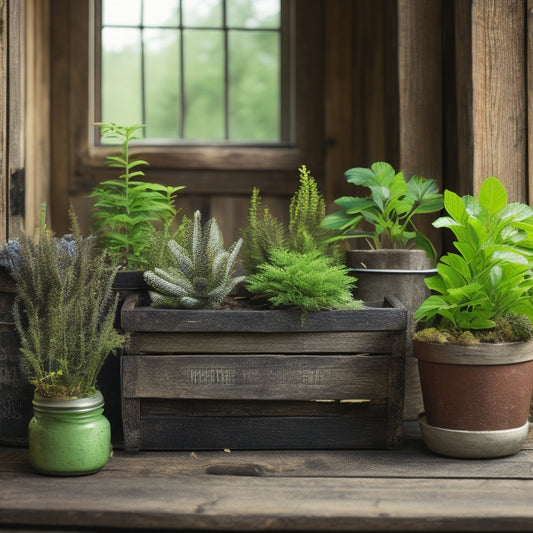 An assortment of unique, DIY planters made from repurposed materials like old boots, wooden crates, and mason jars, arranged on a rustic wooden table surrounded by lush greenery.