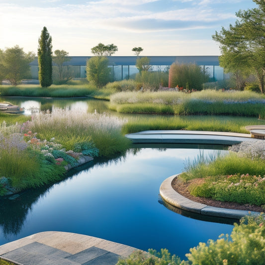 A serene rooftop oasis: lush greenery spills over modern architecture, with blooming wildflowers, a meandering stone path, and a tranquil pond reflecting a clear blue sky with a few wispy clouds.