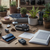 A tidy workshop table with a DIY block planter project in progress, featuring a measuring tape, pencil, ruler, and calculator surrounded by blocks, soil, and small plants.