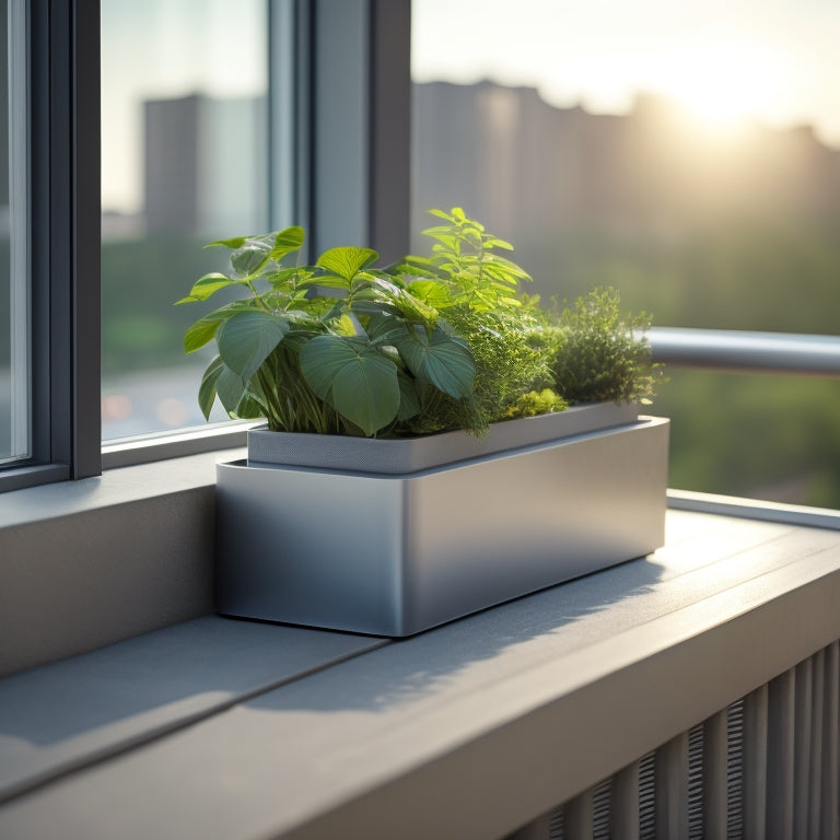 A serene, modern planter box with clean lines, filled with lush greenery, situated on a sleek, gray balcony railing, against a blurred cityscape background with a hint of warm sunlight.