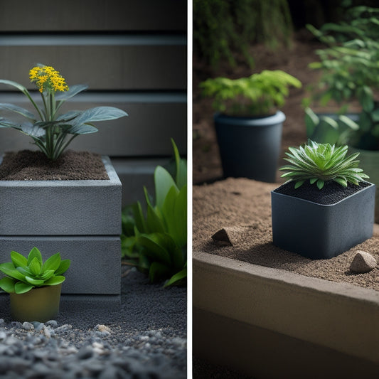 A split-screen image featuring a well-constructed cinder block planter with lush greenery and a stabilizing layer of gravel, alongside a toppled planter with broken blocks and scattered soil.