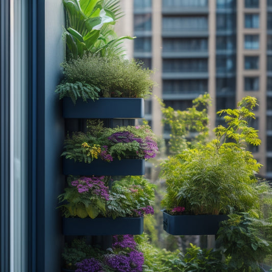 A compact, lush vertical garden on a small urban balcony, with a mix of vibrant greenery, colorful flowers, and sleek, modern planters, set against a backdrop of city skyscrapers.