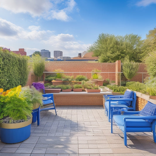 A lush, thriving rooftop veggie garden with vertically stacked planters, a trellis supporting climbing vines, and a seating area with a small table and chairs, set against a bright blue sky with fluffy white clouds.