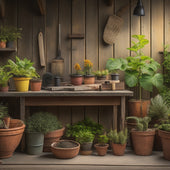 An image depicting a wooden workbench cluttered with various DIY planter materials, including a terracotta pot, wooden planks, a drill, screws, a watering can, soil, and a few potted plants.