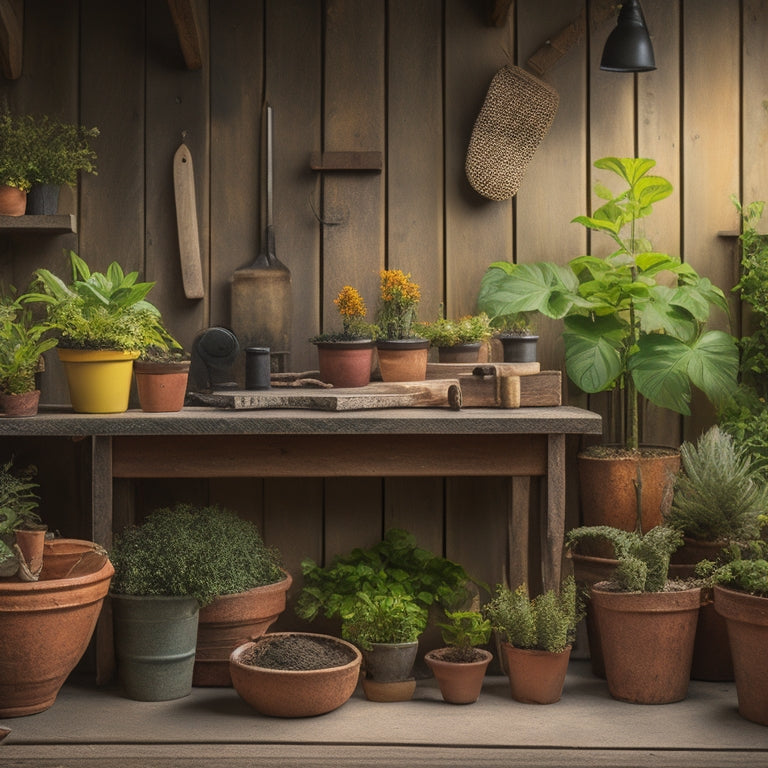 An image depicting a wooden workbench cluttered with various DIY planter materials, including a terracotta pot, wooden planks, a drill, screws, a watering can, soil, and a few potted plants.