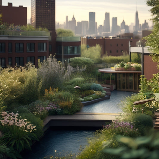 Illustrate a lush rooftop garden with a meandering stream, native plants, and a few birds perched on wooden benches, surrounded by a modern cityscape in soft focus.