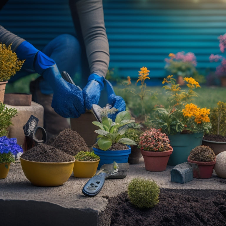 A colorful, well-lit image featuring a person wearing gardening gloves, holding a small potted plant, standing amidst a backdrop of cinder blocks, soil, and gardening tools, with a faint garden scenery in the background.