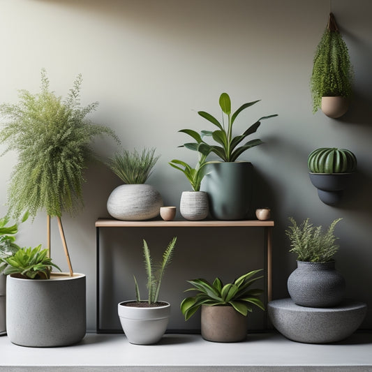 A serene indoor setting featuring a variety of unique concrete planters in different shapes, sizes, and textures, filled with lush greenery and arranged artfully on a minimalist wooden shelf.