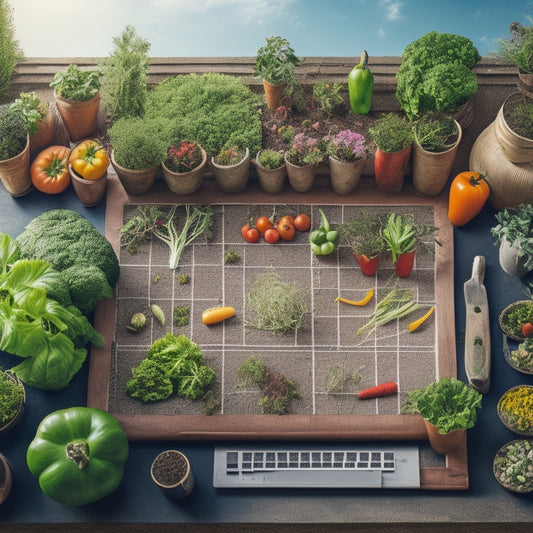 A colorful illustration of a thriving rooftop veggie garden with various vegetables and herbs in different stages of growth, surrounded by gardening tools and a calendar in the background.