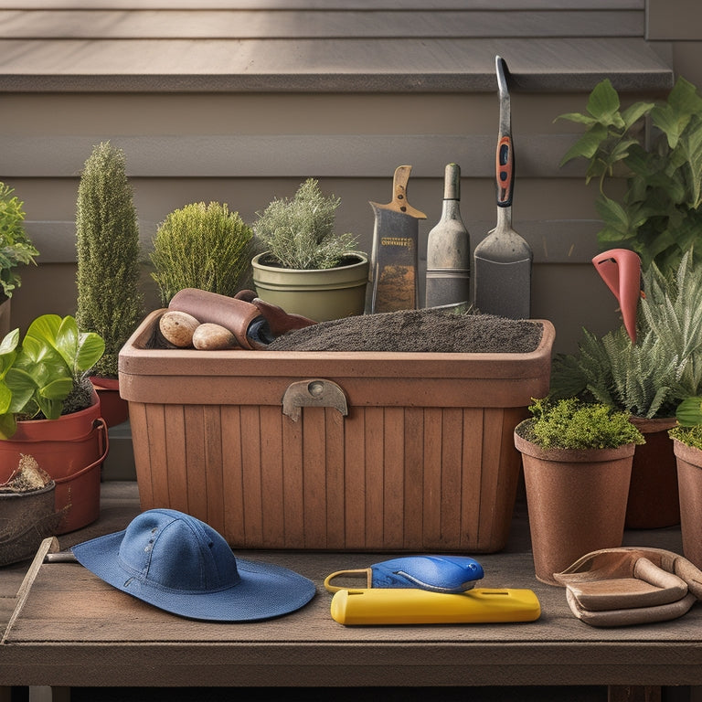 A well-organized toolbox with a planter box in the background, featuring a neatly arranged selection of gardening tools, including a trowel, pruners, and cultivator, with a watering can and gloves nearby.