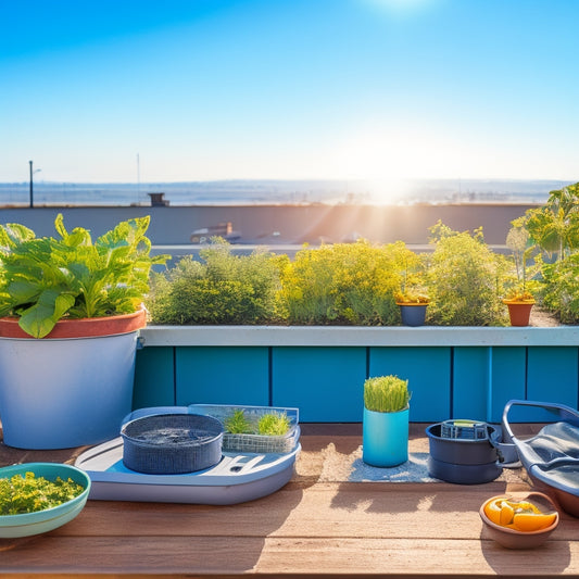 A rooftop vegetable garden with lush green plants, a small table with various soil testing equipment, including a pH meter, nutrient tester, and soil sampler, against a clear blue sky.
