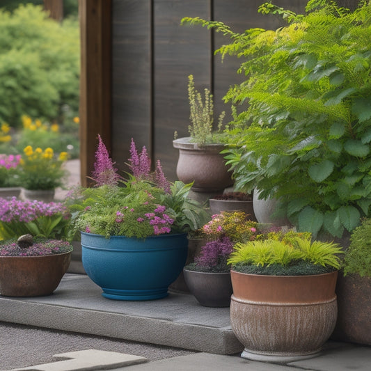 A serene outdoor setting featuring a mix of 5-7 unique, colorful planters made from repurposed materials like wood, metal, and concrete, surrounded by lush greenery and vibrant flowers.