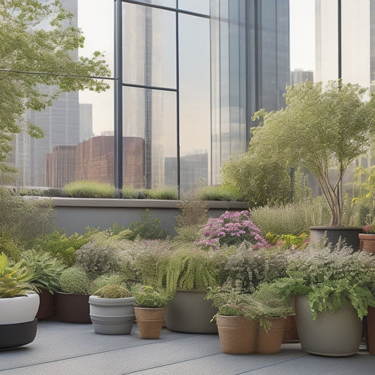 A serene rooftop garden scene featuring a mix of compact, lush greenery, including trailing ivy, succulents, and flowering plants, arranged in modern planters and hanging baskets amidst sleek cityscape views.
