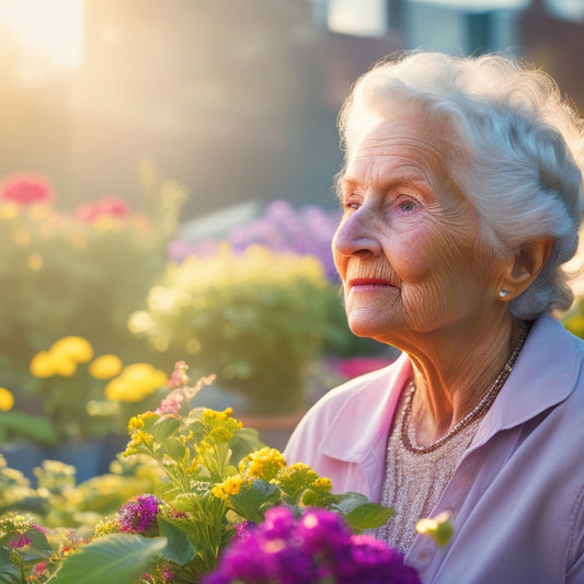 A serene senior citizen, surrounded by vibrant flowers and lush greenery, tends to a thriving rooftop garden, basking in warm sunlight and gentle breeze.
