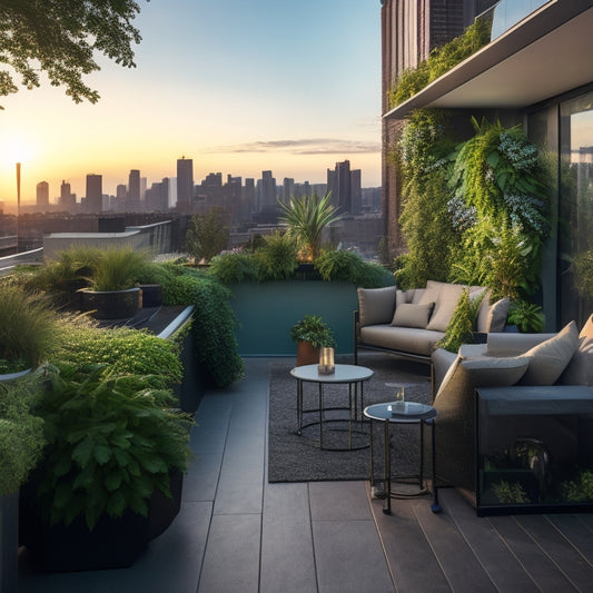 A serene rooftop oasis with lush green living walls, overflowing with flowering vines and verdant ferns, surrounded by sleek modern furniture and a sparkling cityscape at sunset.