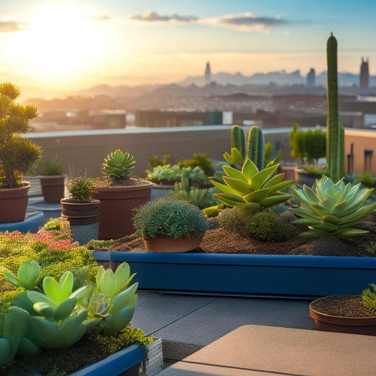 A serene rooftop scene featuring a lush succulent garden with various species, amidst a modern cityscape, showcasing a state-of-the-art irrigation system with subtle pipes and misting nozzles.