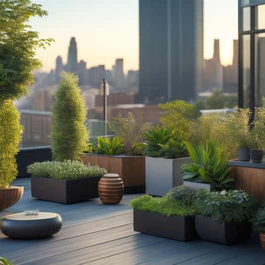 A serene rooftop garden scene with lush greenery spilling from modern, sleek wall planters in varying shapes and sizes, surrounded by a chic wooden deck and a cityscape in the background.