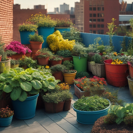 A bustling rooftop vegetable garden with lush greenery, vibrant flowers, and thriving vegetables, surrounded by a variety of fertilizer containers and bags with different labels and colors.