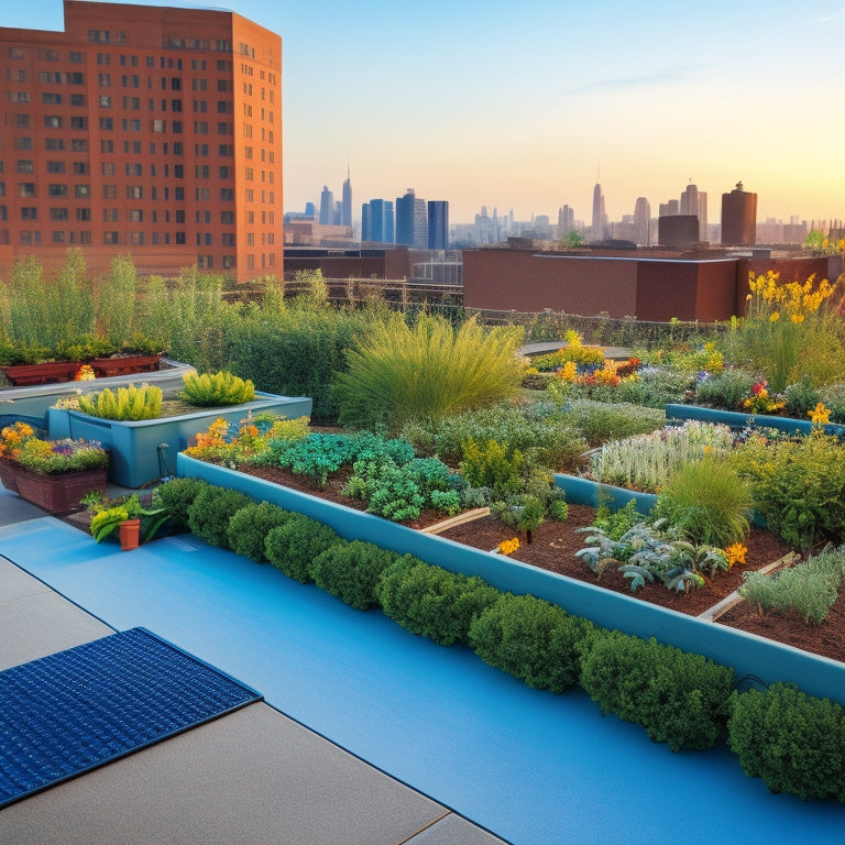 A serene rooftop garden with three raised beds, each featuring a different irrigation system: a drip irrigation system with tubes and emitters, a soaker hose, and a micro-sprinkler system.