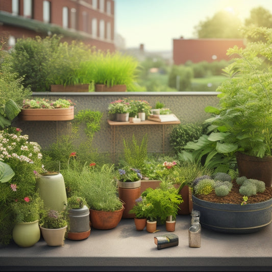 An illustration of a lush, green rooftop garden with a variety of flowers and vegetables, juxtaposed with subtle, integrated pest control elements, such as copper tape, neem oil bottles, and discreet birdhouses.