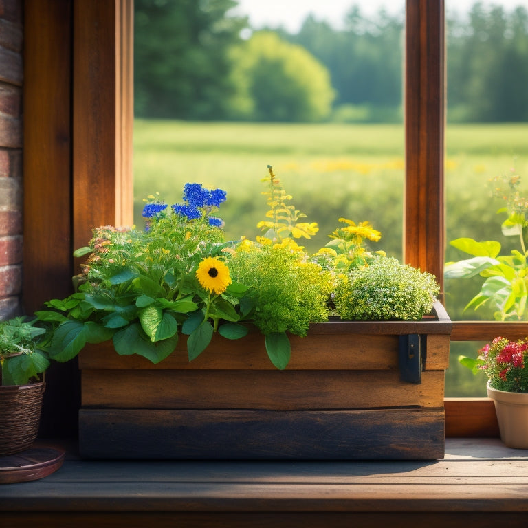 A rustic wooden planter box sits beneath a large, sunny window, overflowing with lush greenery and vibrant flowers, with DIY tools and materials scattered around the base.