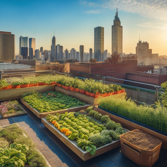 A rooftop vegetable garden with lush green plants, a network of pipes and tubes, and a timer-controlled irrigation system installed, set against a sunny urban skyline background.