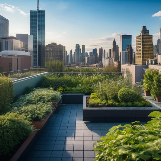 A serene rooftop garden in a densely populated urban area, with lush greenery spilling over the edges of modern planters, surrounded by sleek skyscrapers and a bright blue sky with few wispy clouds.