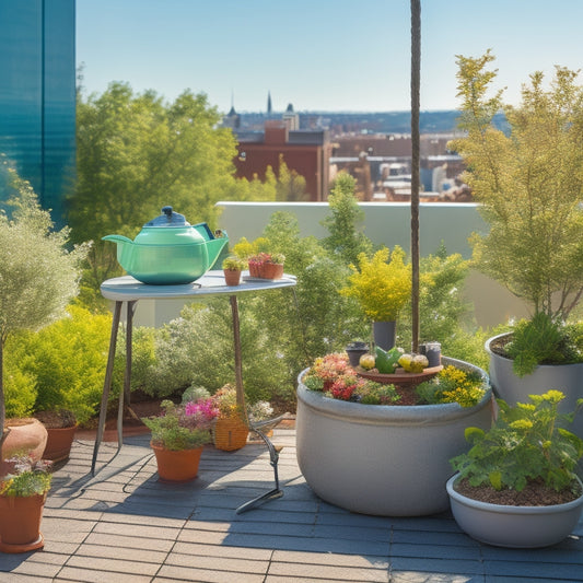 A serene rooftop garden with lush greenery, vibrant flowers, and a small, sleek, silver watering can, pruning shears, and a compact, foldable gardening stool, on a sunny day with fluffy white clouds.